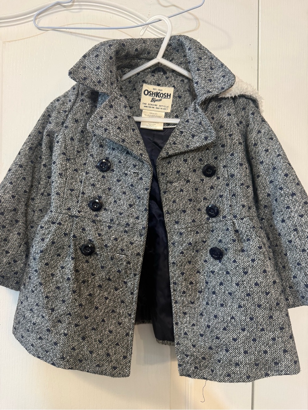 OshKosh B'gosh Gray & Navy Girls' 3T Pea Coat Grey with Navy Heart Design